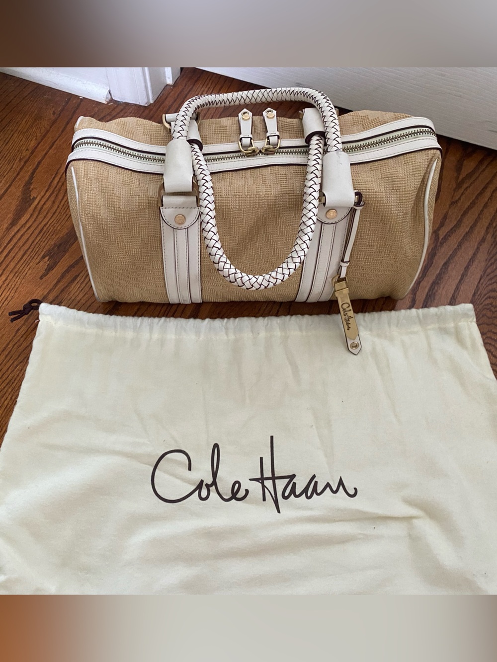 Rare Vintage Cole Haan Genevieve Straw natural/ivory Trim and Braided Handles